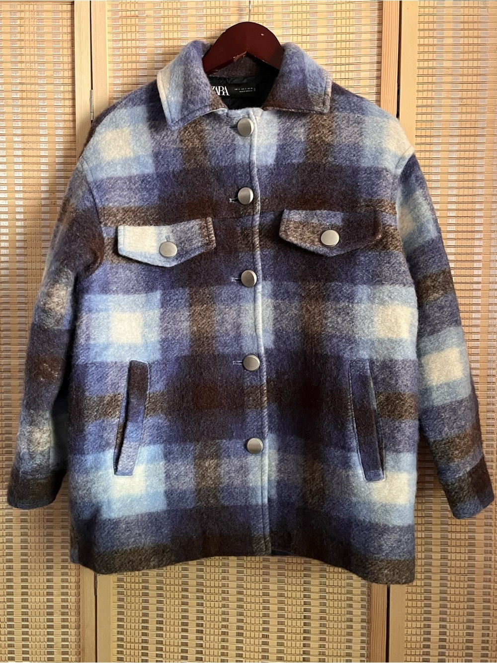 Zara Plaid Wool-Blend Pea Coat in Blue & Brown Size Small